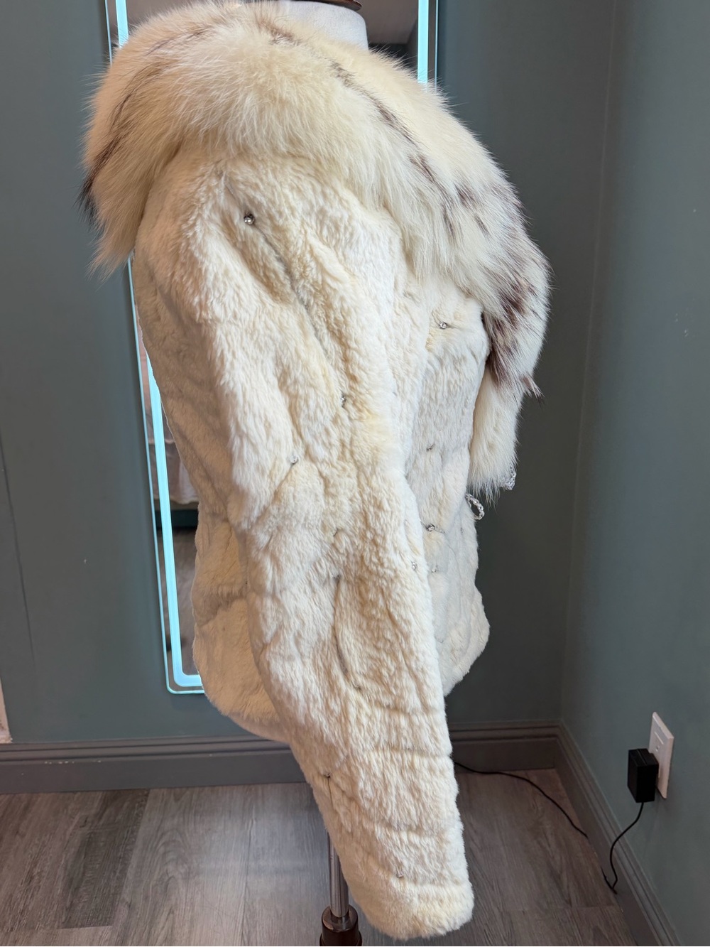Vintage White Rabbit Fur Jacket Fox Fur Collar Y2K XS S - Picture 4 of 12